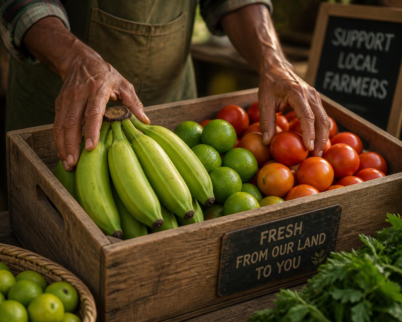 Mains d'un producteur local disposant bananes vertes, citrons verts et tomates dans une caisse en bois