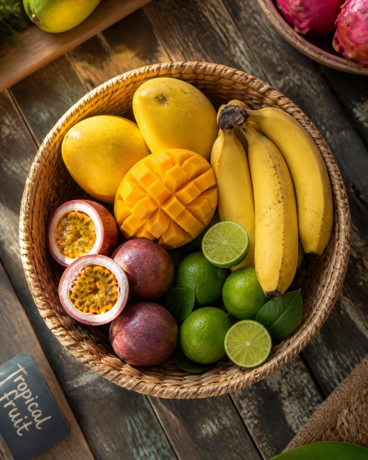 Panier tressé de fruits tropicaux — mangues, fruits de la passion, bananes et citrons verts — sur une table de marché en bois